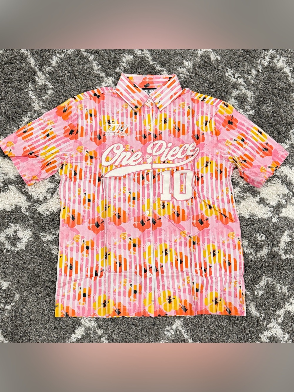 Dim Mak x One Piece Jinbe Short Sleeve Button-Up Shirt Pink Floral Stripe Men XL